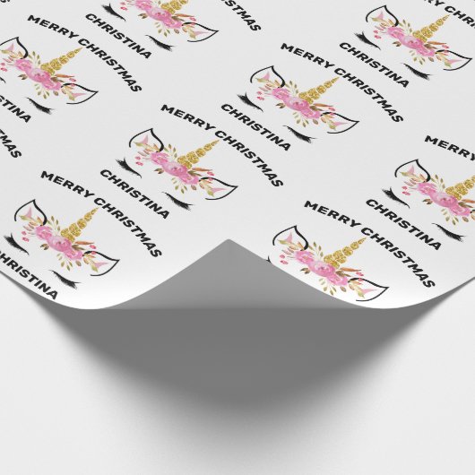 Unicorn-gezicht met Eyelashes persoonlijke naam Cadeaupapier (Hoek)