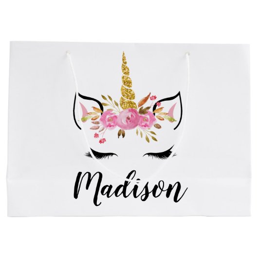 Unicorn-gezicht met Eyelashes persoonlijke naam Groot Cadeauzakje (Achterkant)