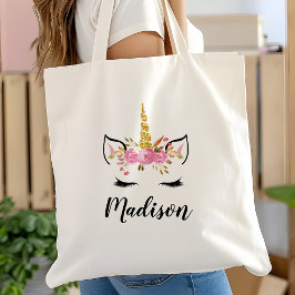 Unicorn-gezicht met Eyelashes persoonlijke naam Tote Bag