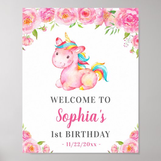 Unicorn Girl 1e Eerste verjaardag Pink Welkom Poster (Voorkant)