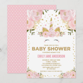  Unicorn Girl Baby shower Pink Gold Floral Kaart