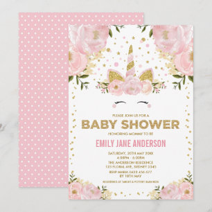  Unicorn Girl Baby shower Pink Gold Floral Kaart