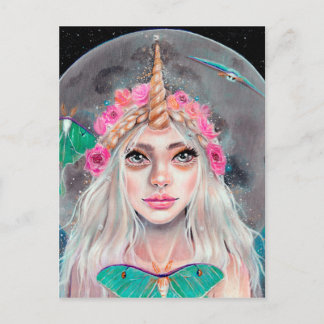 Unicorn Girl en haar Luna Moths, Original Art Briefkaart