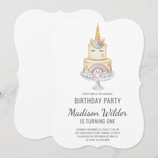 Unicorn Girl First Birthday Invitation Kaart (Voorkant / Achterkant)