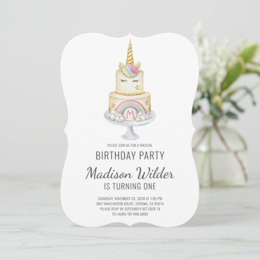 Unicorn Girl First Birthday Invitation Kaart (Staand voorkant)