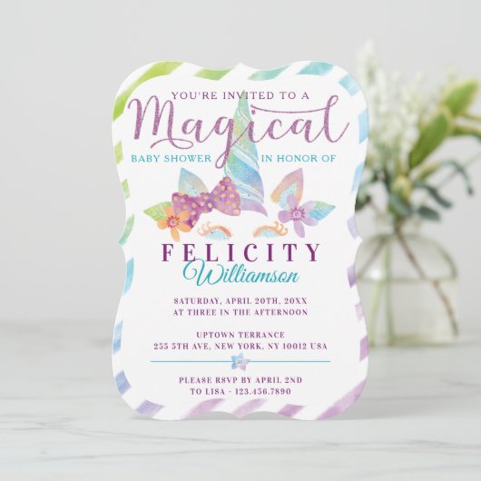  Unicorn Girl Floral Baby shower Kaart (Staand voorkant)