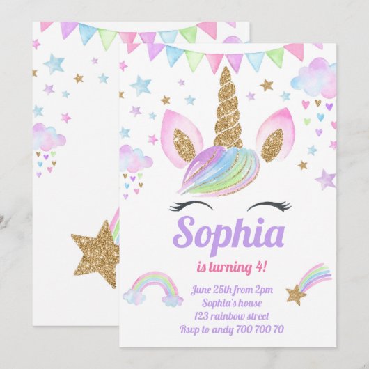 Unicorn Girl Magical Pastel Rainbow Pink Birthday Kaart (Voorkant / Achterkant)