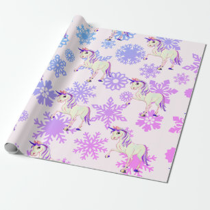 Unicorn Girl Whimsical Pink Cute Snowflakes Cadeaupapier