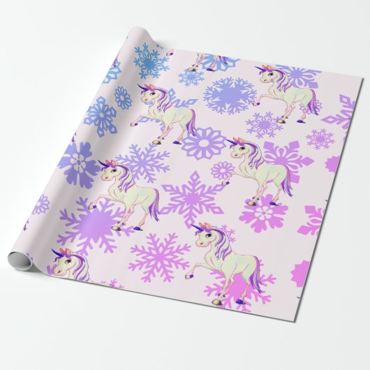 Unicorn Girl Whimsical Pink Cute Snowflakes Cadeaupapier (Uitgerold)