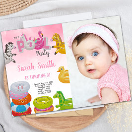 Unicorn Girls Pool Birthday Invitation with photot Kaart