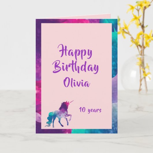 Unicorn girly fantasy roze paars 10e verjaardag kaart (Gele Bloem)