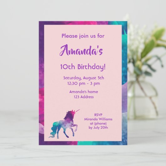 Unicorn girly fantasy roze paars 10e verjaardag kaart (Staand voorkant)