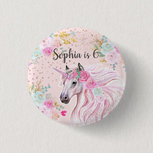 Unicorn Girly Pink Floral Gold Glitter Name Age Ronde Button 3,2 Cm