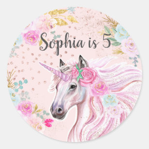 Unicorn Girly Pink Floral Gold Glitter Name Age Ronde Sticker