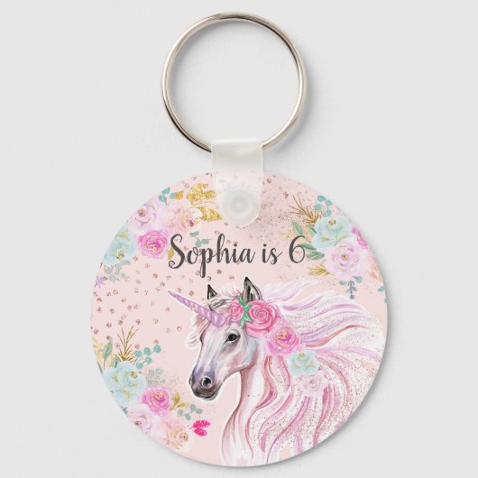 Unicorn Girly Pink Floral Gold Glitter Name Age Sleutelhanger (Voorkant)
