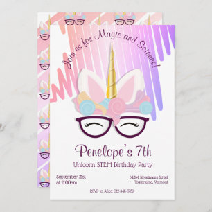 Unicorn Glasses Magical STEM Birthday Invitation Kaart