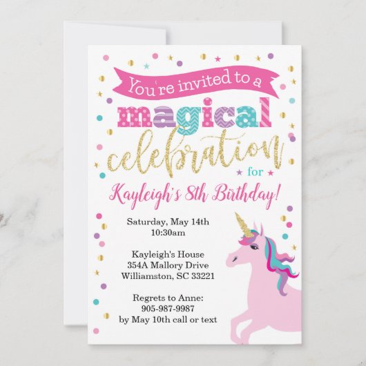 Unicorn Glitter Birthday Party Invitation Kaart (Voorkant)