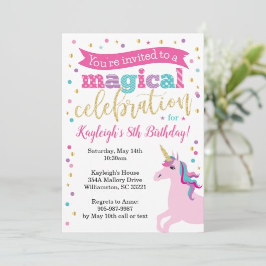 Unicorn Glitter Birthday Party Invitation Kaart (Staand voorkant)
