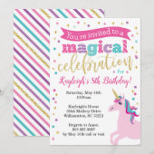 Unicorn Glitter Birthday Party Invitation Kaart (Voorkant / Achterkant)
