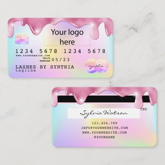 Unicorn glitter drip Credit Kaart hologram toevoeg Visitekaartje (Voorkant / Achterkant)