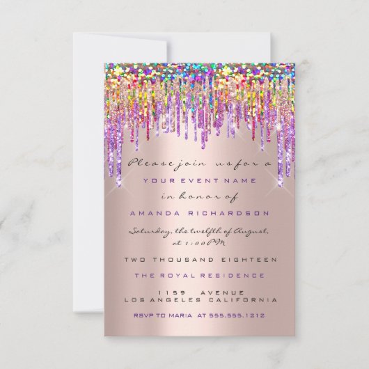 Unicorn Glitter Drips Roos Gold Bridal Sweet 16th Kaart (Voorkant)