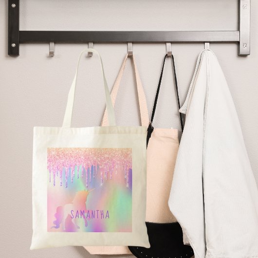 Unicorn glitter druppelt roze paarse naam op tote bag