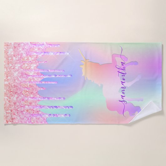 Unicorn glitter druppelt roze regenboogmonogram op strandlaken (Voorkant)