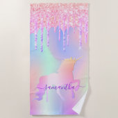 Unicorn glitter druppelt roze regenboogmonogram op strandlaken (Voorkant)