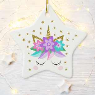 Unicorn Glitter Flowers Stars Gepersonaliseerd Keramisch Ornament