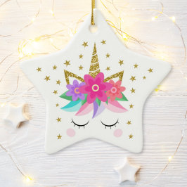 Unicorn Glitter Flowers Stars Gepersonaliseerd Keramisch Ornament