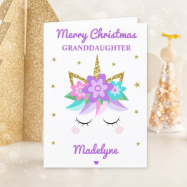 Unicorn Glitter Kerstmis voor kleindochter Paars Feestdagen Kaart