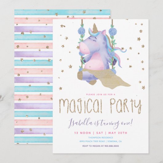 Unicorn Glitter Magical Girl Birthday Party Kaart (Voorkant / Achterkant)