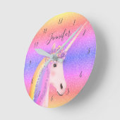 Unicorn Glitter Rainbow Kids Monogram Name Ronde Klok (Hoek)