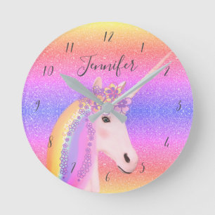 Unicorn Glitter Rainbow Kids Monogram Name Ronde Klok