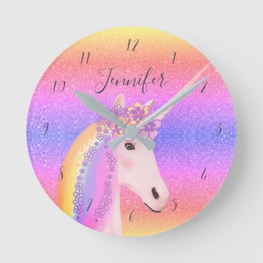 Unicorn Glitter Rainbow Kids Monogram Name Ronde Klok (Voorkant)