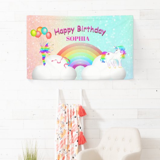 Unicorn Glitter Rainbow Kinder Moderne Birthday Spandoek (Insitu)