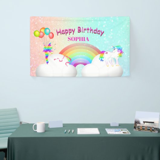 Unicorn Glitter Rainbow Kinder Moderne Birthday Spandoek (Beurs)