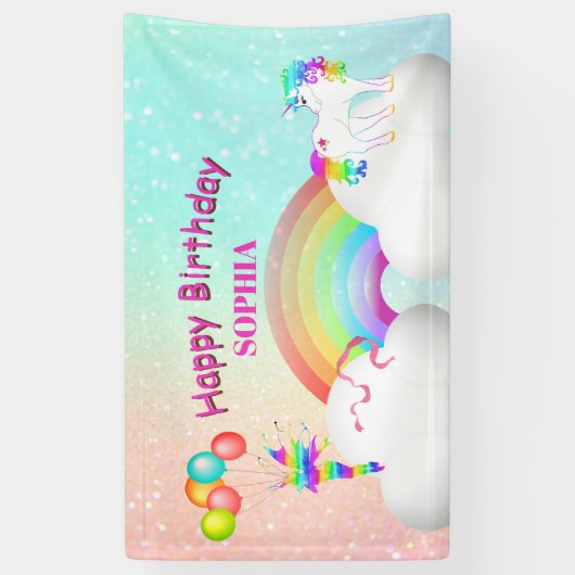 Unicorn Glitter Rainbow Kinder Moderne Birthday Spandoek (Verticaal)