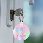 Unicorn glitter regenboogmonogram, holografisch sleutelhanger<br><div class="desc">Een trendy holografische achtergrond met eenhoorn- en regenboogpastelkleuren in roze,  paars,  roos goud,  muntgroen. Ontkleurd met faux glitter-druppels in roos goud,  roze en paars. Personaliseer en voeg jouw naam toe. Paarse gekleurde letters. Een beetje alledaags glazuur om je dag op te helderen!</div>