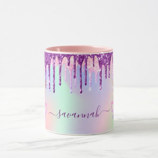 Unicorn glitter regenboogroze monogram holografisc mok (Midden)