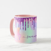 Unicorn glitter regenboogroze monogram holografisc mok (Voorkant links)