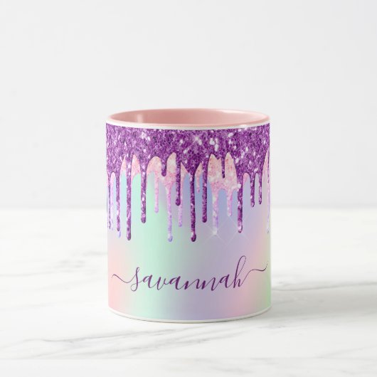 Unicorn glitter regenboogroze monogram holografisc mok (Midden)