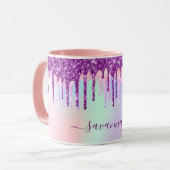Unicorn glitter regenboogroze monogram holografisc mok (Voorkant links)