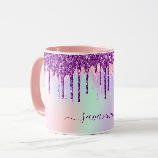 Unicorn glitter regenboogroze monogram holografisc mok (Voorkant links)