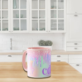 Unicorn glitter regenboogroze monogram holografisc mok