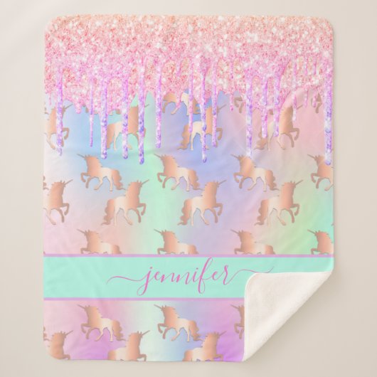 Unicorn glitter regenboogroze naamschrift sherpa deken (Voorkant)