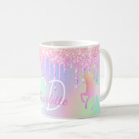 Unicorn glitter roze holografische monogram koffiemok (Voorkant rechts)