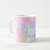 Unicorn glitter roze holografische monogram koffiemok (Voorkant links)