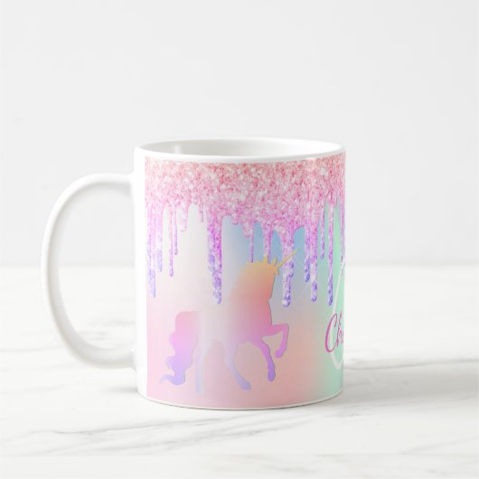 Unicorn glitter roze holografische monogram koffiemok (Links)