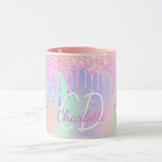 Unicorn glitter roze holografische monogram mok (Midden)